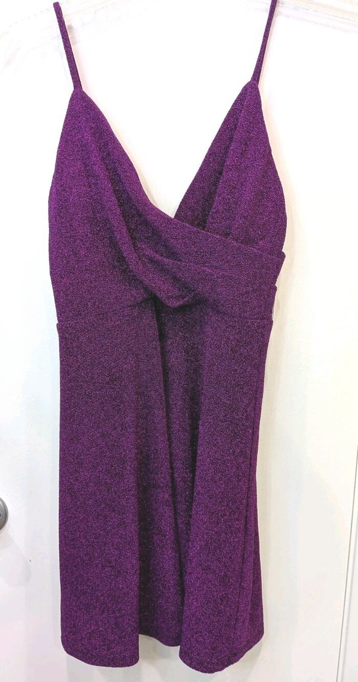 Lulus Mini Dress Shiny Sophistication Purple Metallic Surplice Skater Medium
